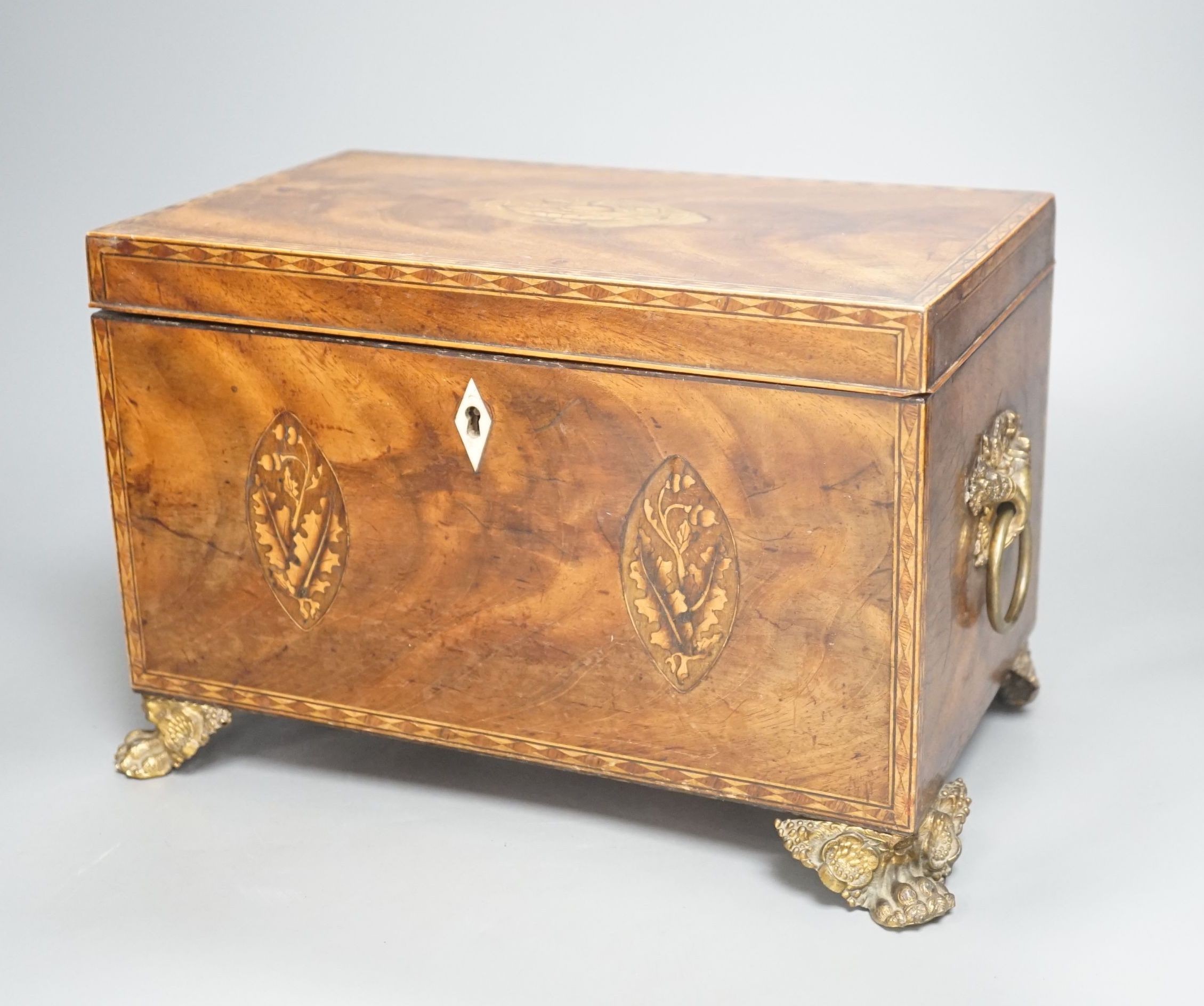 A late George III mahogany and marquetry tea caddy, 31cm foot to foot